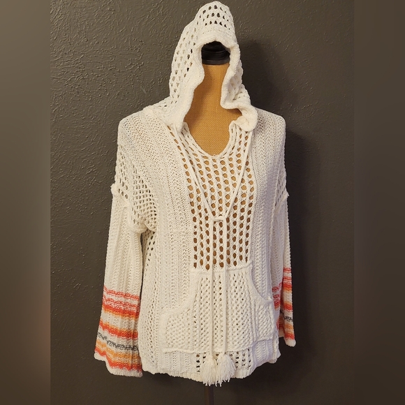 POL White Open Weave Knit Polyester Pullover Hoodie Medium - Picture 4 of 10
